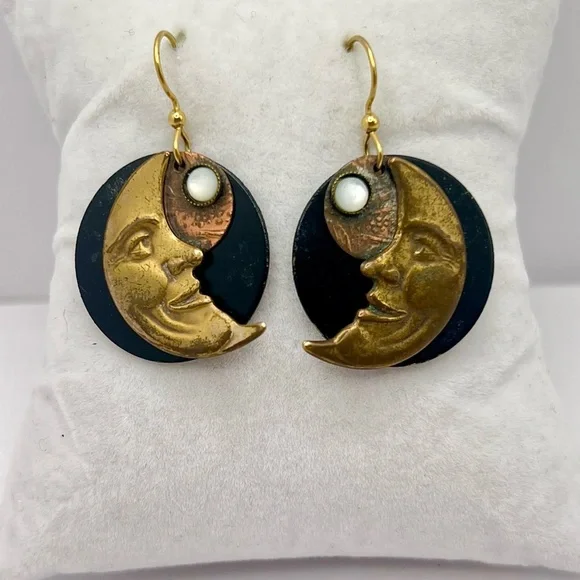 Vintage Gold and Black Moon Face Earrings with Pearl Accent - Picture 3 of 4